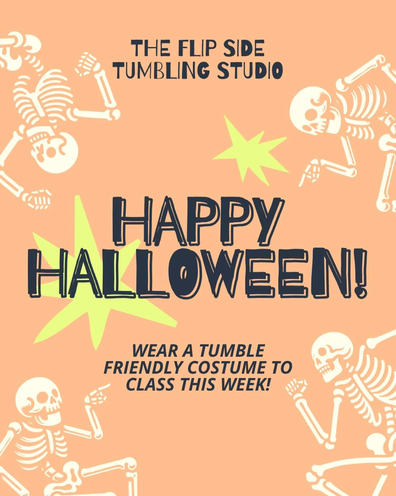 Happy Halloween Week! Dress up in a tumble-friendly costume during this week&rsquo;s classes/lessons. We would love to see you &ldquo;Trick-or-Tumbling&rdquo; in costume outside of practice! Tag @theflipsidenwa on Instagram of your athlete tumbling i