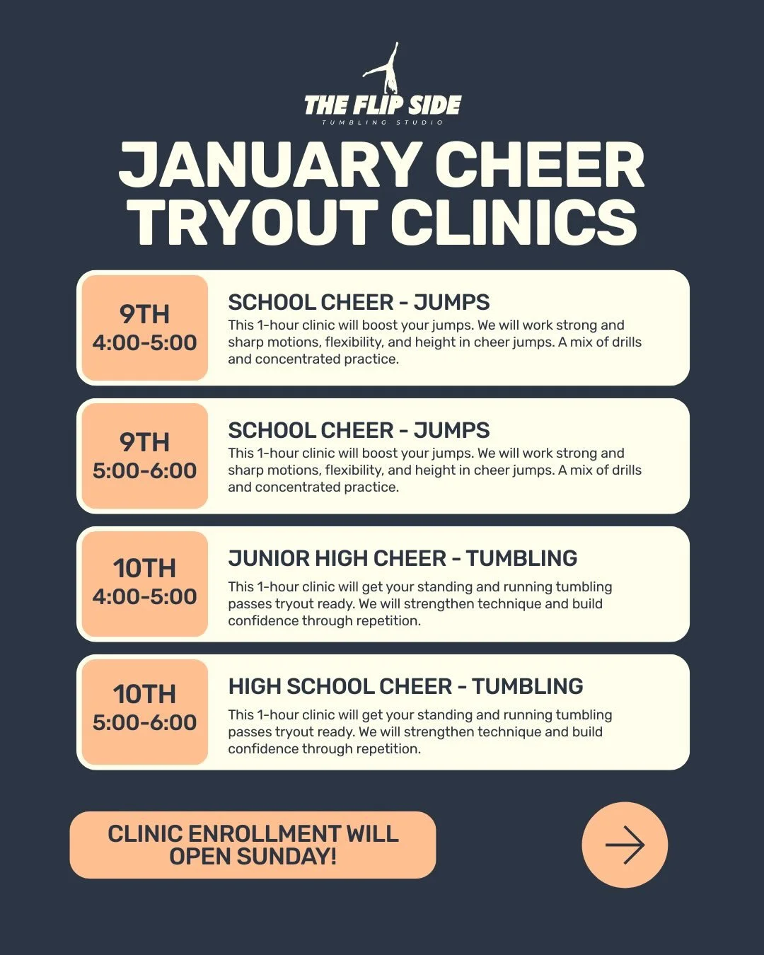 FLIP though for a preview of school tryout clinic options! These clinics will open this Sunday at noon for enrollment. Clinics are open to all athletes and enrollment can be found through the scheduling app or link in bio!

#tryouts #schooltryouts #c