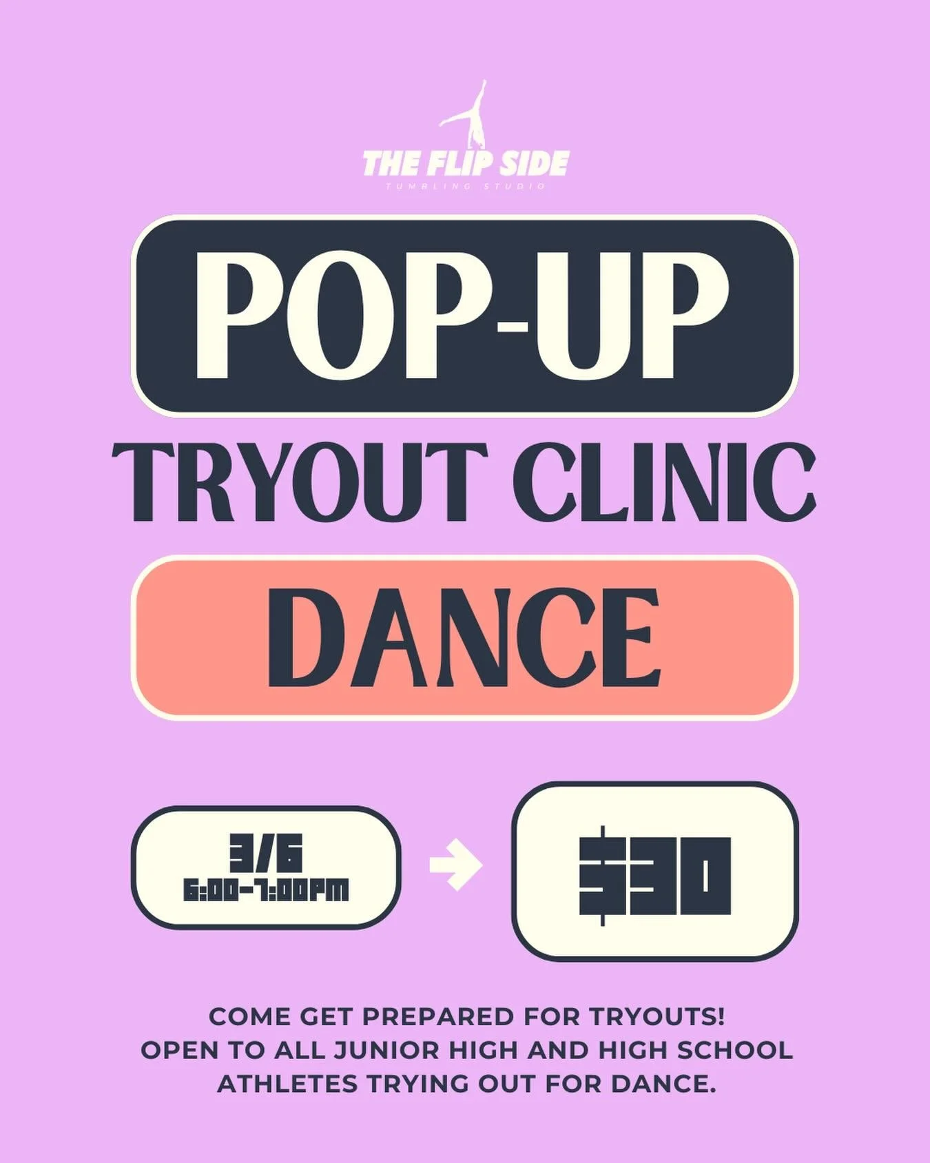 March Pop-Up Tryout Dance Clinic! Come work spiriting, motions, jumps, standing, and running tumbling passes. Come get confident for tryouts 🩰Must be trying out for Junior High or High School Cheer. Link to enroll on story!