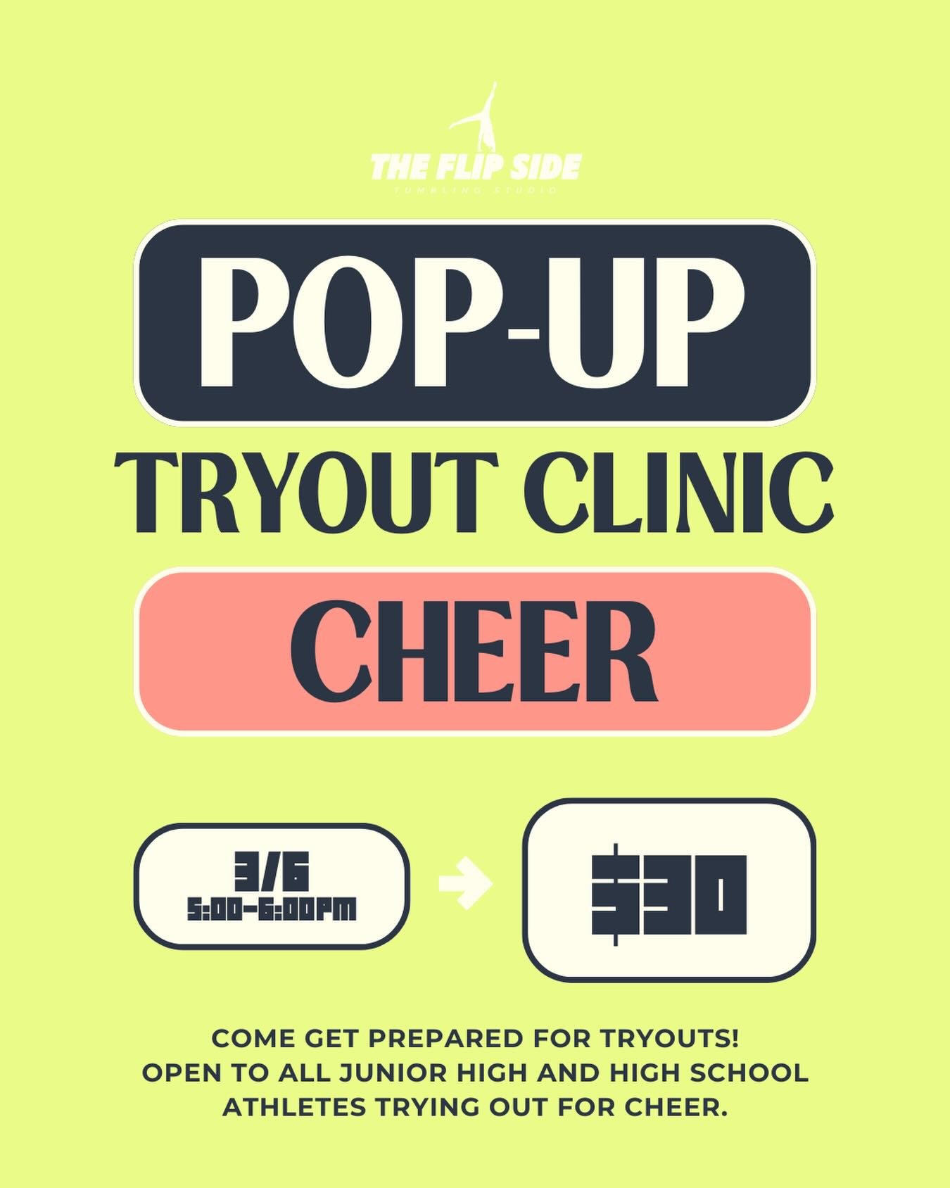 March Pop-Up Tryout Cheer Clinic! Come work spiriting, motions, jumps, standing, and running tumbling passes. Come get confident for tryouts 📣Must be trying out for Junior High or High School Cheer. Link to enroll on story!