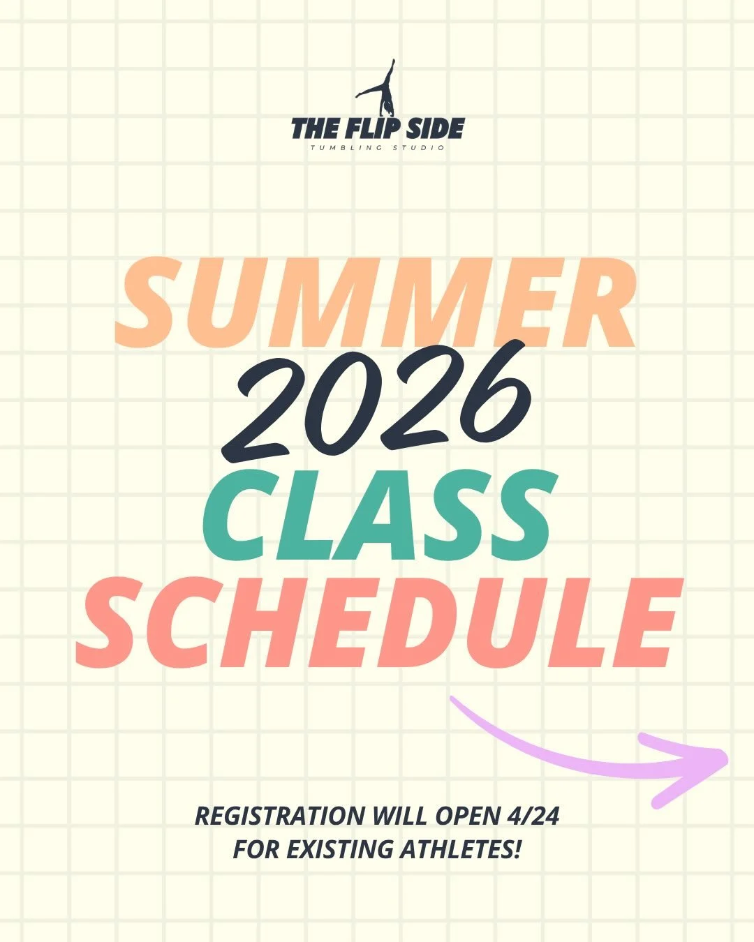 Hey Flip Side athletes, check your email! 2026 Summer Classes at The Flip Side just dropped for June &amp; July. Class registration will open next Friday 4/24 at Noon for all existing athletes! *limit on class per athlete*

If there are still spots a