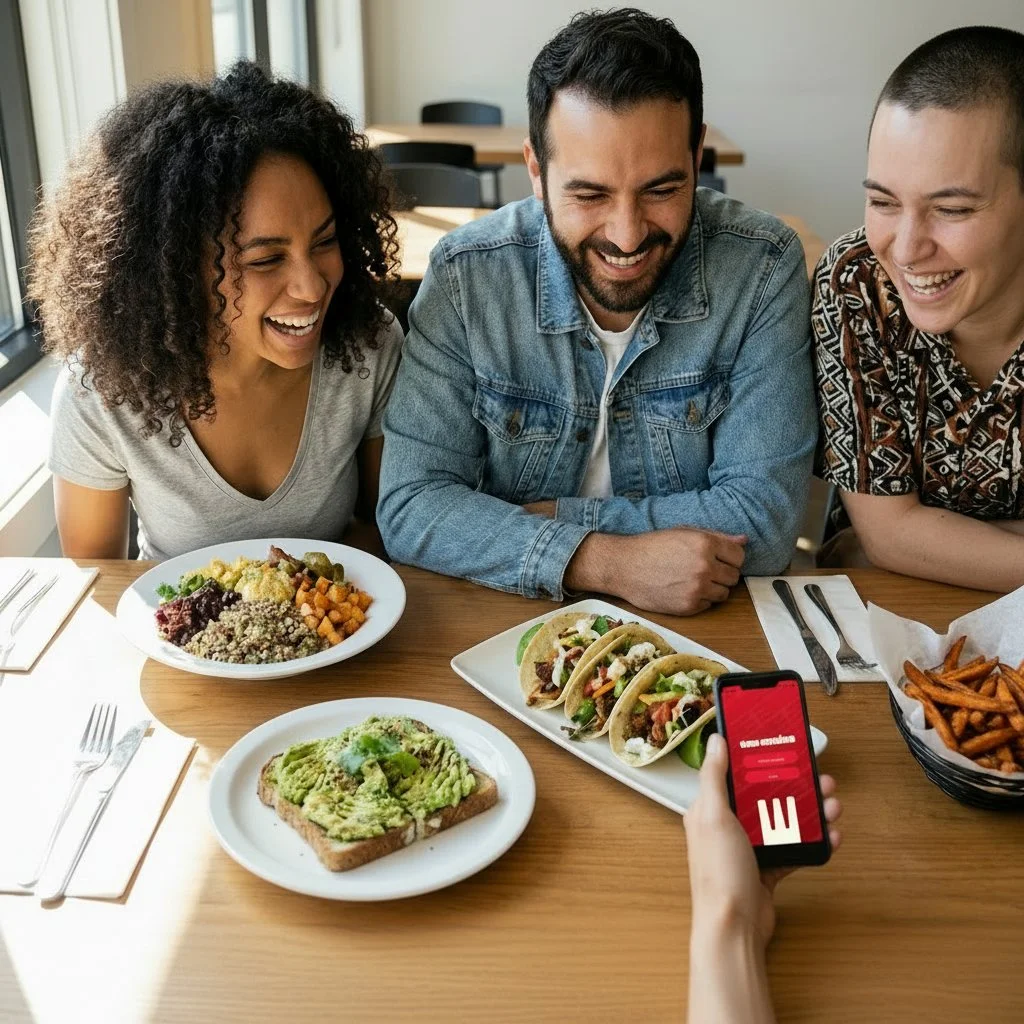 Group of friends happily using a restaurant dietary filter app to choose safe, delicious meals while dining out.