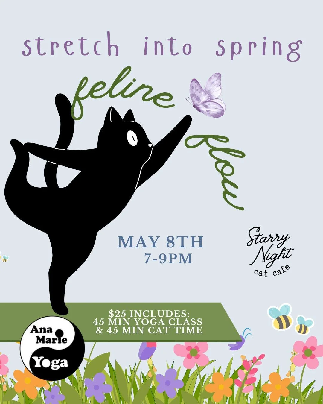 Stretch Into Spring with Cats 🐾🌱 We're officially done with winter &amp; it's time to awaken the body and soften into the season of renewal.

Feline Flow: Stretch Into Spring
📅 Friday, May 8th from  7-9pm 
🎟 $25 per person
🧘&zwj;♀️ B.Y.O. Mat

G
