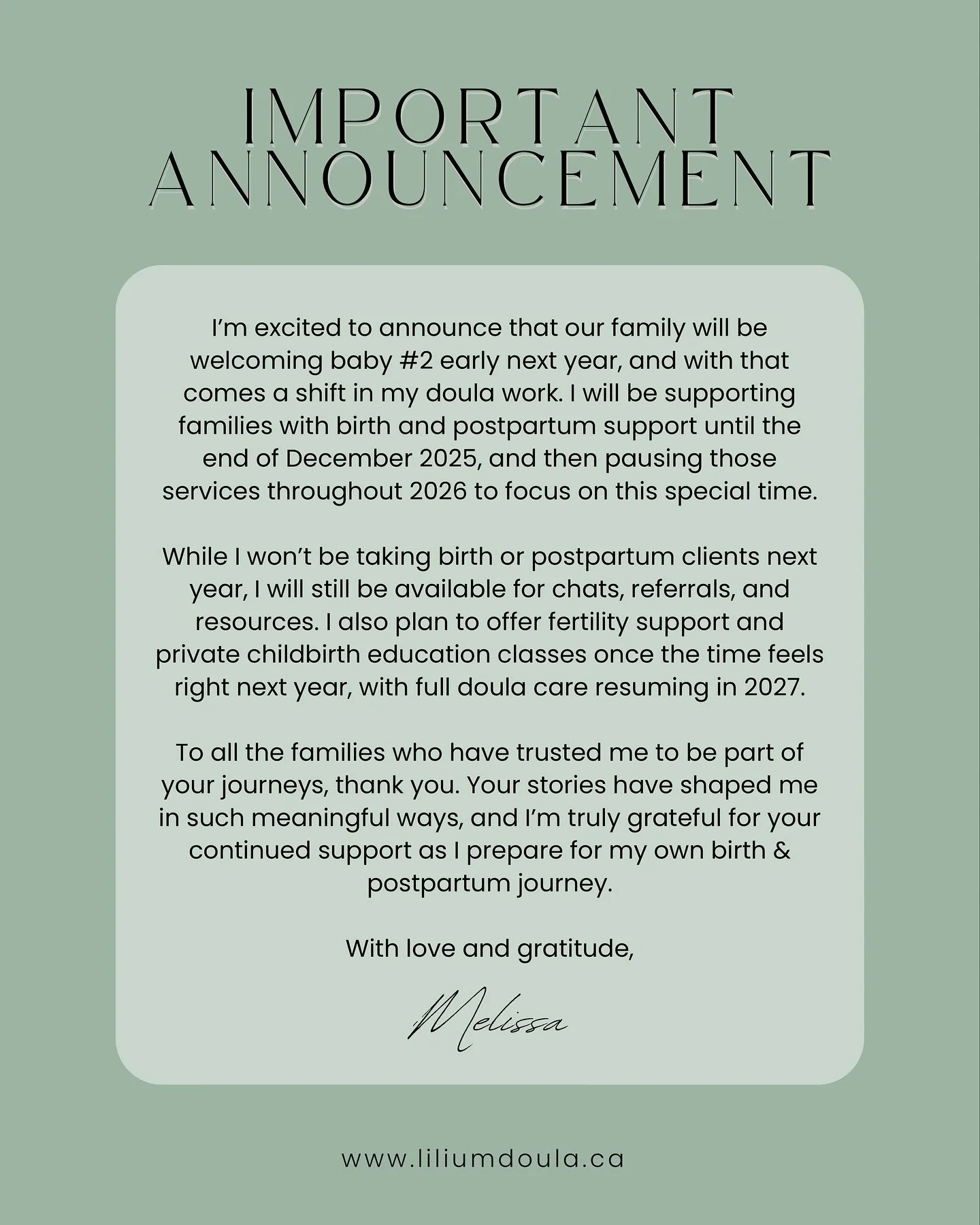 I&rsquo;m so excited to share that our family will be welcoming baby number 2 early next year! 💜 With this special season ahead, I&rsquo;ll be supporting families until the end of December 2025 and then pausing birth and postpartum support throughou