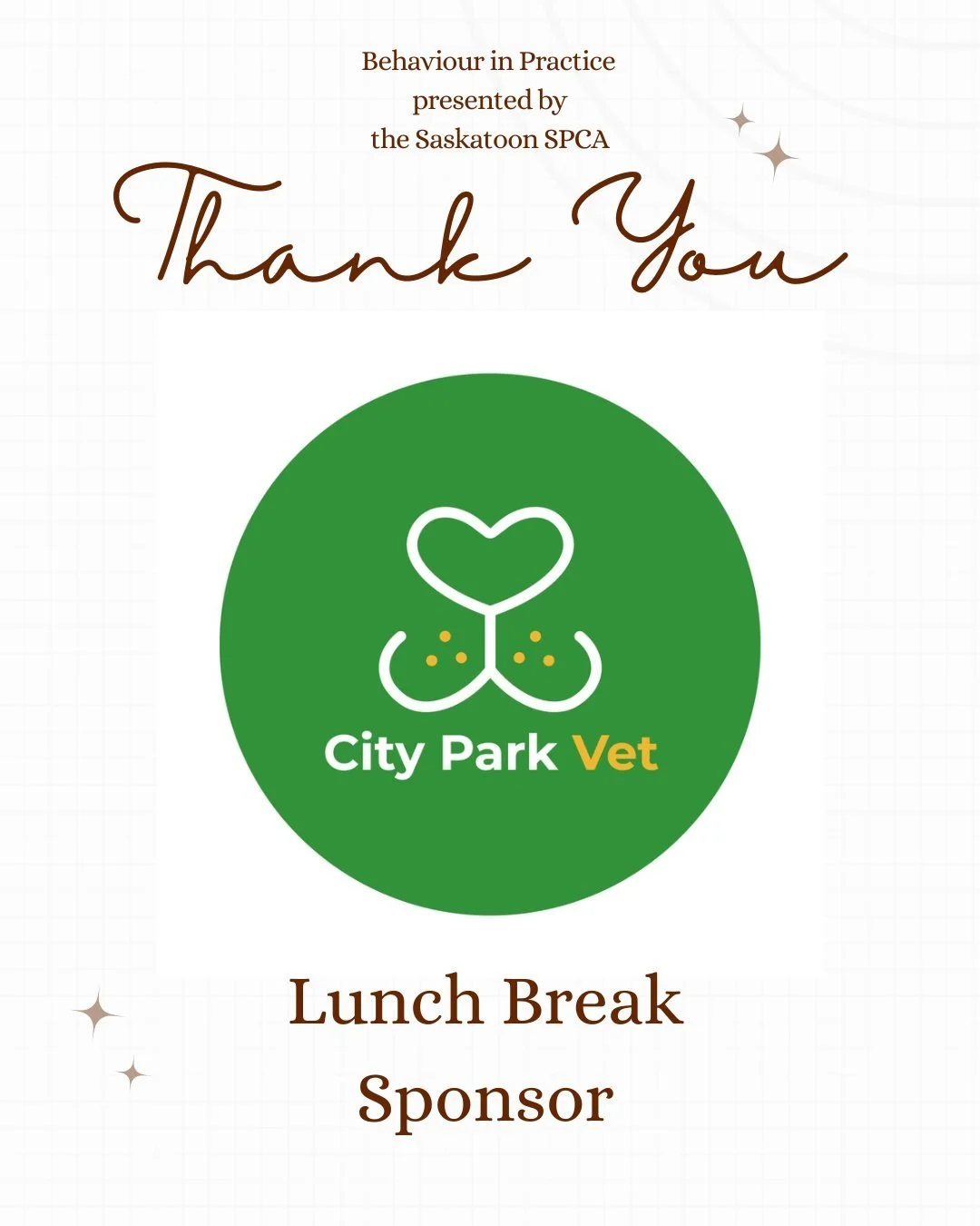 A big thank you to @city_park_vet  for supporting the Saskatoon SPCA&rsquo;s Behaviour in Practice Conference as one of our Lunch Break Sponsors.

Their support helps make this event possible and keeps our attendees fuelled and ready for a full day o