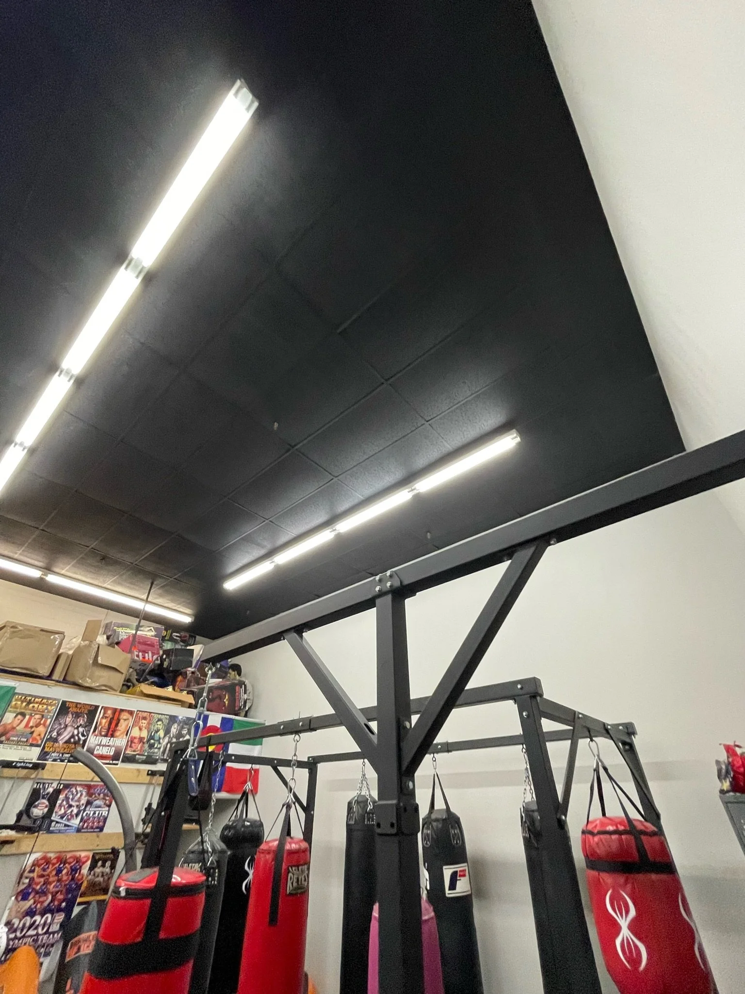 Indoor gym with black ceiling, fluorescent lighting, and punching bags hanging from a metal frame.