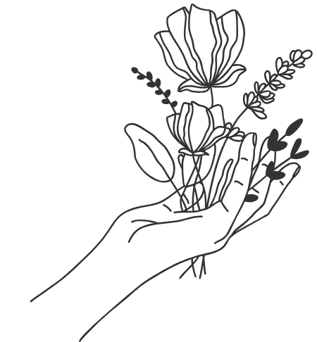 Line drawing of a hand holding a bouquet of flowers and leaves.