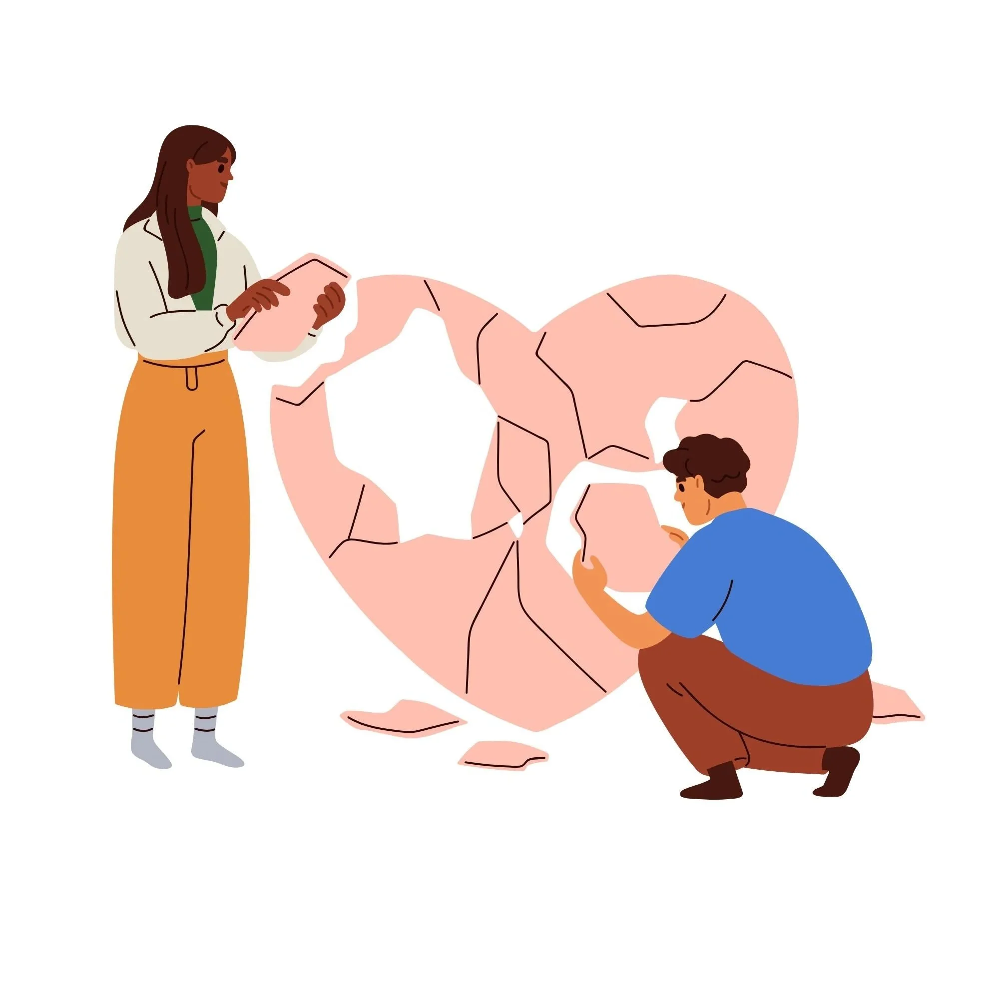 Illustration of 2 people putting repairing the image of a torn heart after relational conflict.