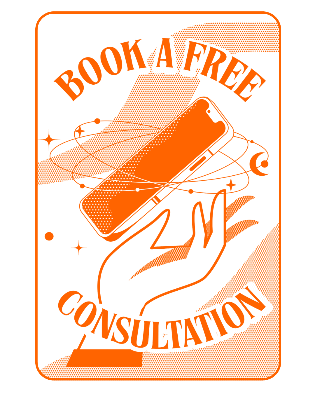 Hand with levitating mobile phone above it. Text reads: Book a free consultation