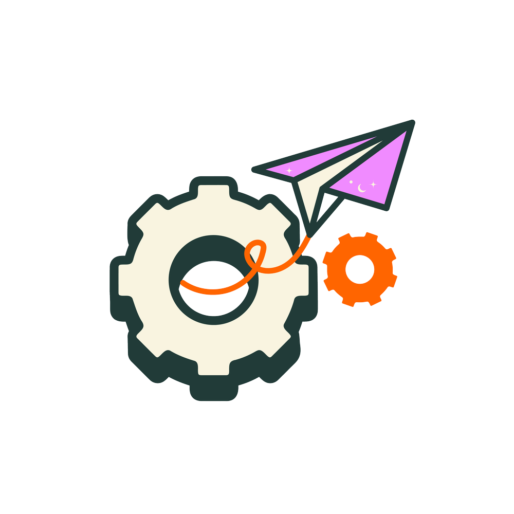 cogs with paper aeroplane