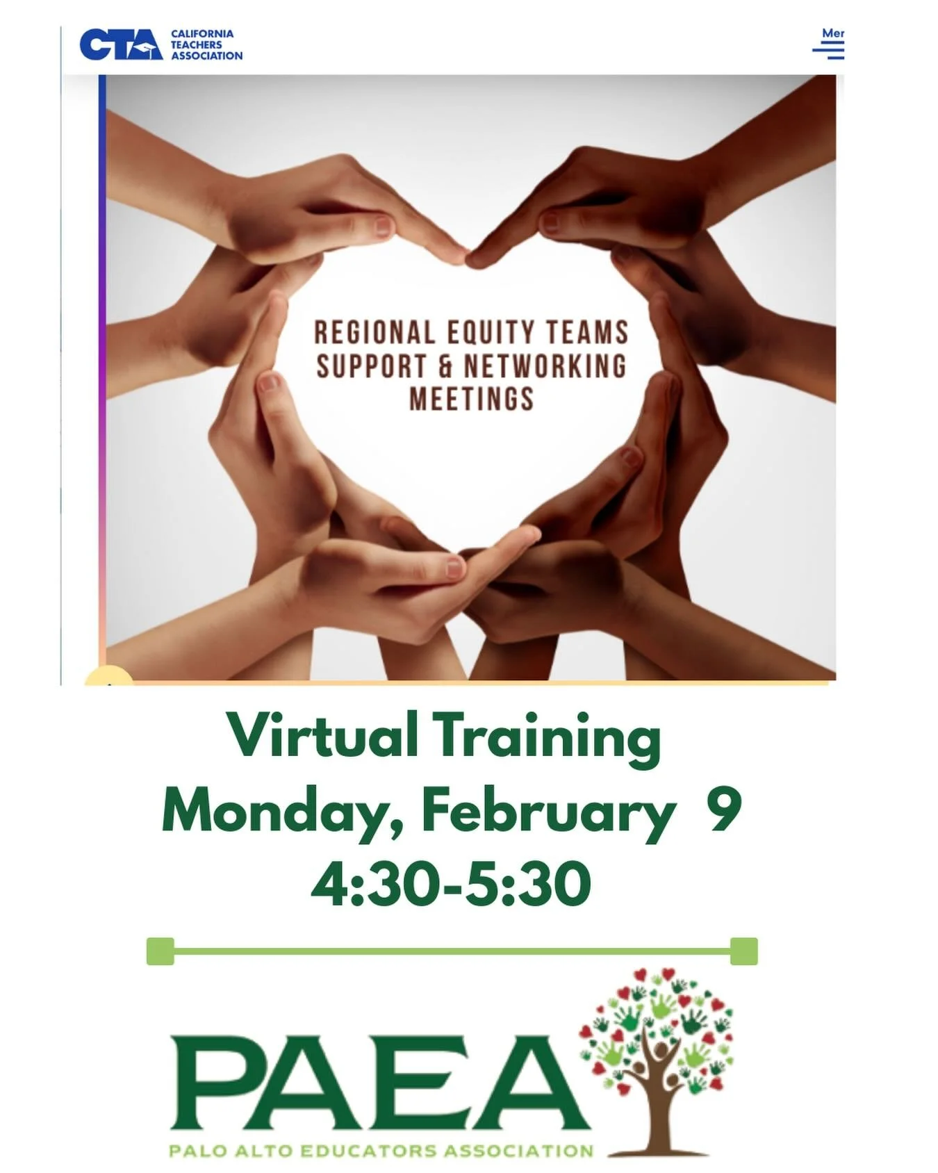 Join our CTA Region 1 training team, tomorrow, 2/9/2026 from 4:30-5:30 to share experiences, celebrate wins, and strengthen our collective strategy for racial and social justice. Your responses will help us shape meaningful, connected, and responsive