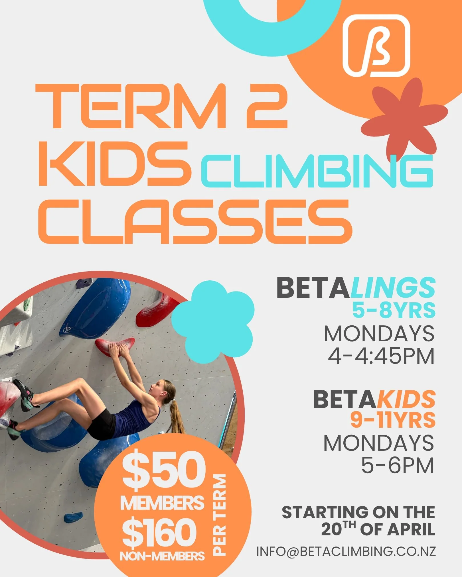 Term 2 kids classes - Sign up now!🤗

4-4:45pm Betalings: 5-8yrs
5-6pm Betakids: 9-11yrs

Per term:
$50 with Membership
$160 without Membership

Send us an email to book: info@betaclimbing.co.nz

#kids #coaching #newplymouth #kidsclasses #taranaki