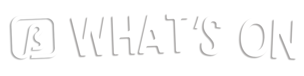 A stylized black and white logo with the text 'WHATS ON' in bold, uppercase letters and a small icon resembling a piece of paper with a pen in the top left corner.