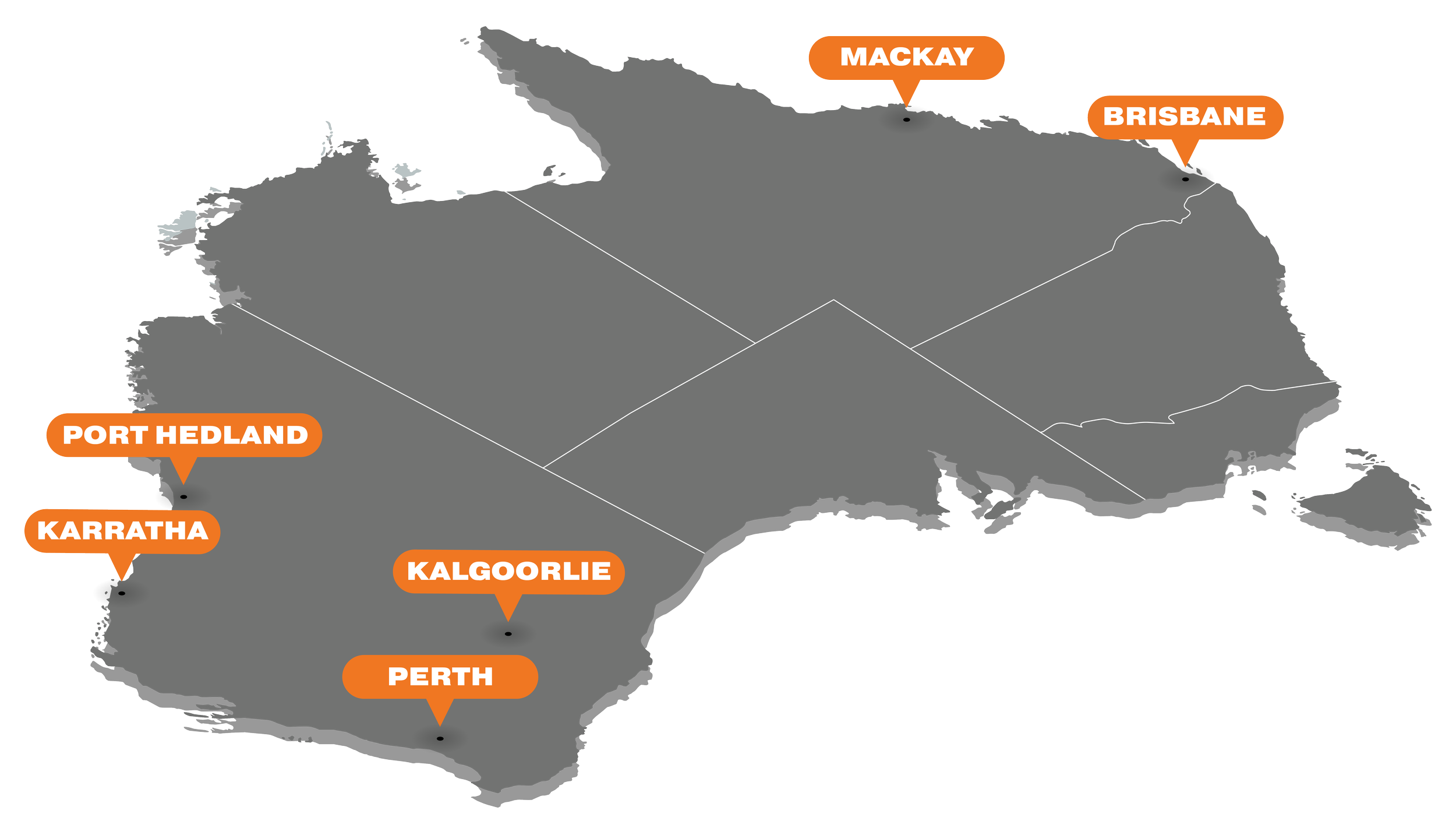 Map of Australia with city names labeled in orange, including Perth, Karratha, Port Hedland, Kalgoorlie, Mackay, Brisbane.