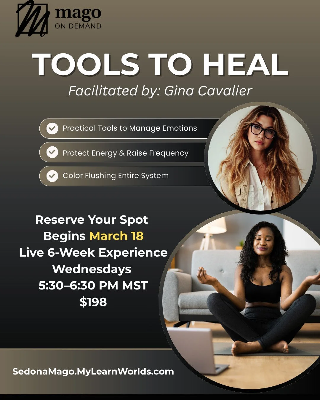 Book Here: https://sedonamago.mylearnworlds.com/author/course?courseid=heal-yourself-meditation

Tools to Heal Yourself: Meditation-1

With Author &amp; Wellness Program Director Gina Cavalier

📅 Wednesdays | March 18 &ndash; April 22, 2026
⏰ 5:30&n