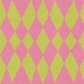 Wallpaper in green and warm pink with an organic diamond pattern and linen-like texture, styled in a playful maximalist or boho southwestern interior setting.