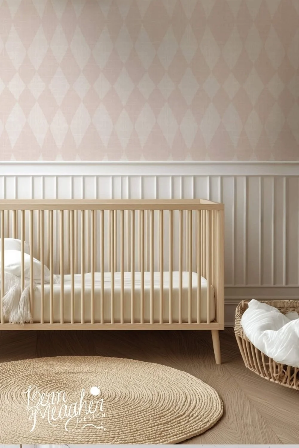 A nursery with a light wooden crib, a woven basket with a cream blanket and a textured beige rug. Featuring a patterned, organic soft pink and cream diamond wallpaper with a subtle linen texture which gives the room a calm, cozy mood.