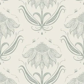 light yellow cream and pale raindance green sunflower with bees in a block print style design