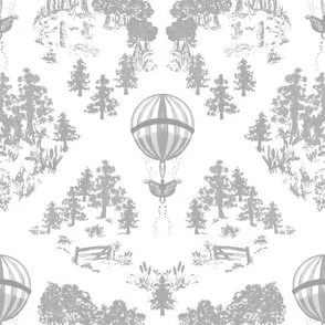 A grey and white vintage toile design with detailed parkland and hot air balloon sprinkling stardust