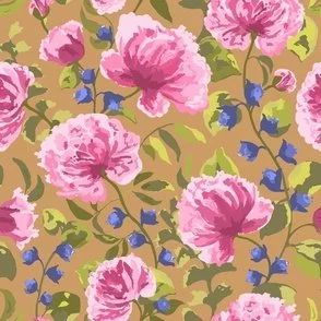 trailing bright pink peony blooms with lime and blue on amber gold