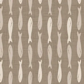 Sardines fish in a vertical pattern in pale beige on a soft coffee beige brown background in a mediterranean style wallpaper design