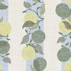 The pattern features vertical stripes with hand-drawn limes branching against a soft, textured background. The palette includes muted wasabi yellow, blues, and greens, creating a calm and fresh atmosphere