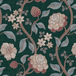 large stylized floral on curved lattice with stitching look design with russet red and blue on teal