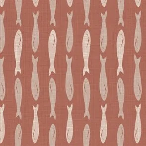 Sardines fish in a vertical pattern in beige on a terracotta background in a mediterranean style wallpaper design