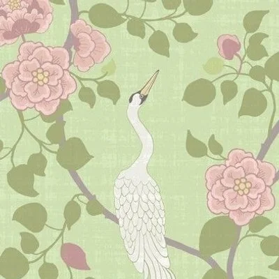 long neck white crane birds on pastel lime green with delicate pink florals and green leaves in a Victorian style design