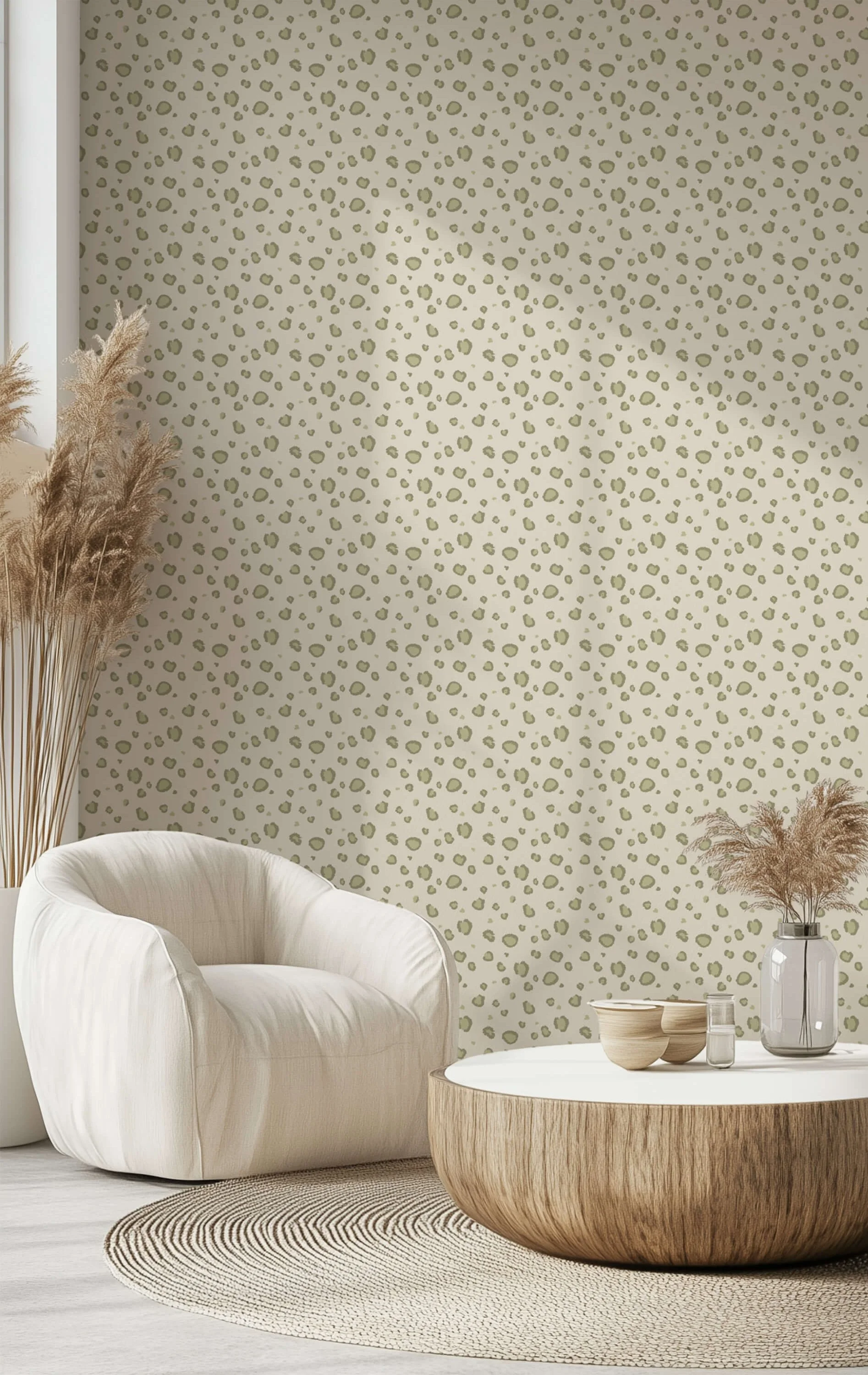 Wallpaper featuring a soft garden green animal print pattern on a light neutral background styled in a modern minimalist living room with a cream cushioned chair, round wood and white coffee table, woven round rug, and dried pampas grass accents.