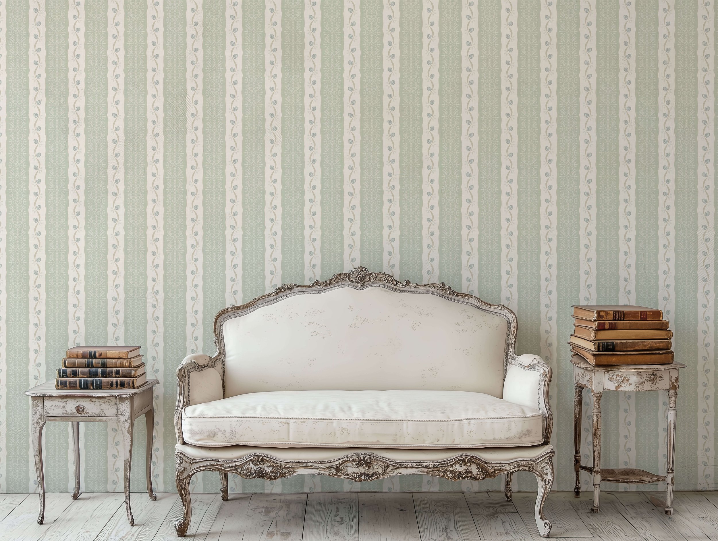 striped cream and sage green lace with blue berries and ribbons wallpaper with old white chair