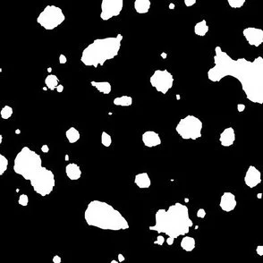Loose, inky splashes and dots in white are scattered across a black ground, creating an abstract, organic, allover “ink splatter” look that feels modern, playful, and slightly stone-like.