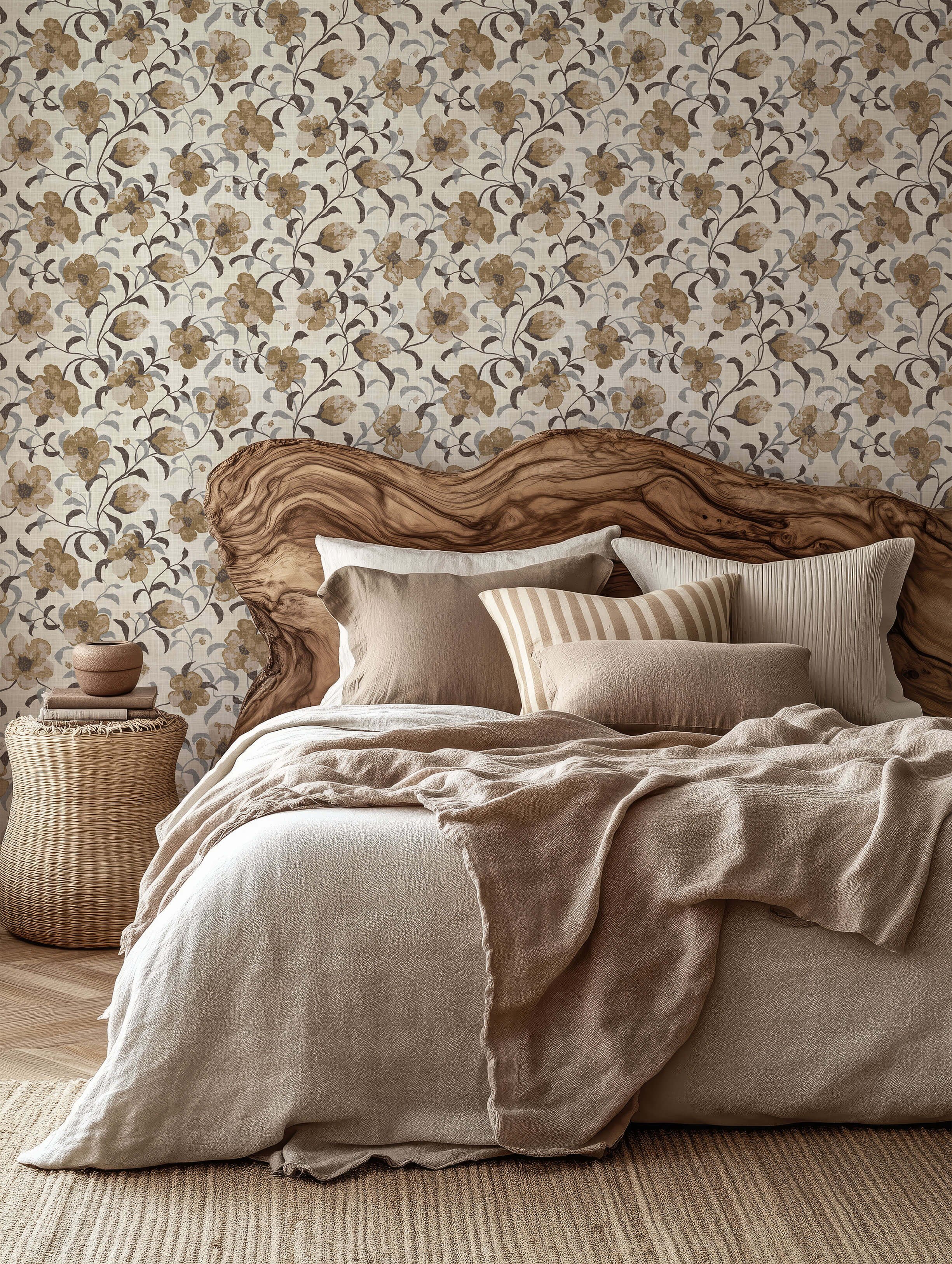 boho beige watercolor floral wallpaper featured behind wooden bed head with creamy beige beddingand woven basket type bed stand