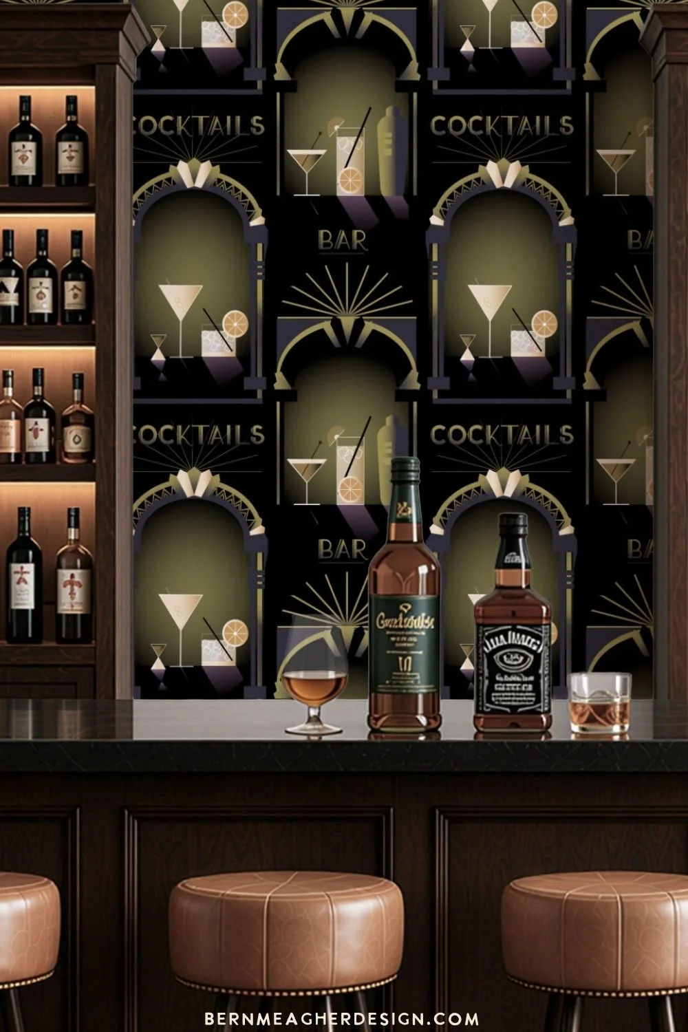 Art Deco black and gold peel and stick wallpaper with cocktail glasses, bottles, and arched bar illustrations behind a dark wood home bar with leather stools and liquor bottles on the counter.