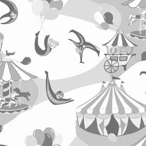 pastel gray and white circus funhouse design with big top tent, carousel horses and acrobats in spotlights.
