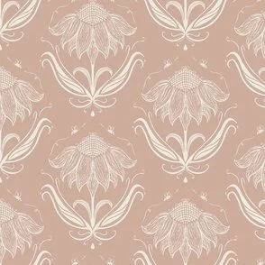 light yellow cream and warm clay pinky beige sunflower with bees in a block print style design