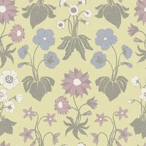 A dense pattern of hand-drawn floral elements in a variety of colors, including pink, cream, and blue, set against a soft pale avocado green background. The design has a vintage feel with a textured appearance, evoking a calm and boho mood.