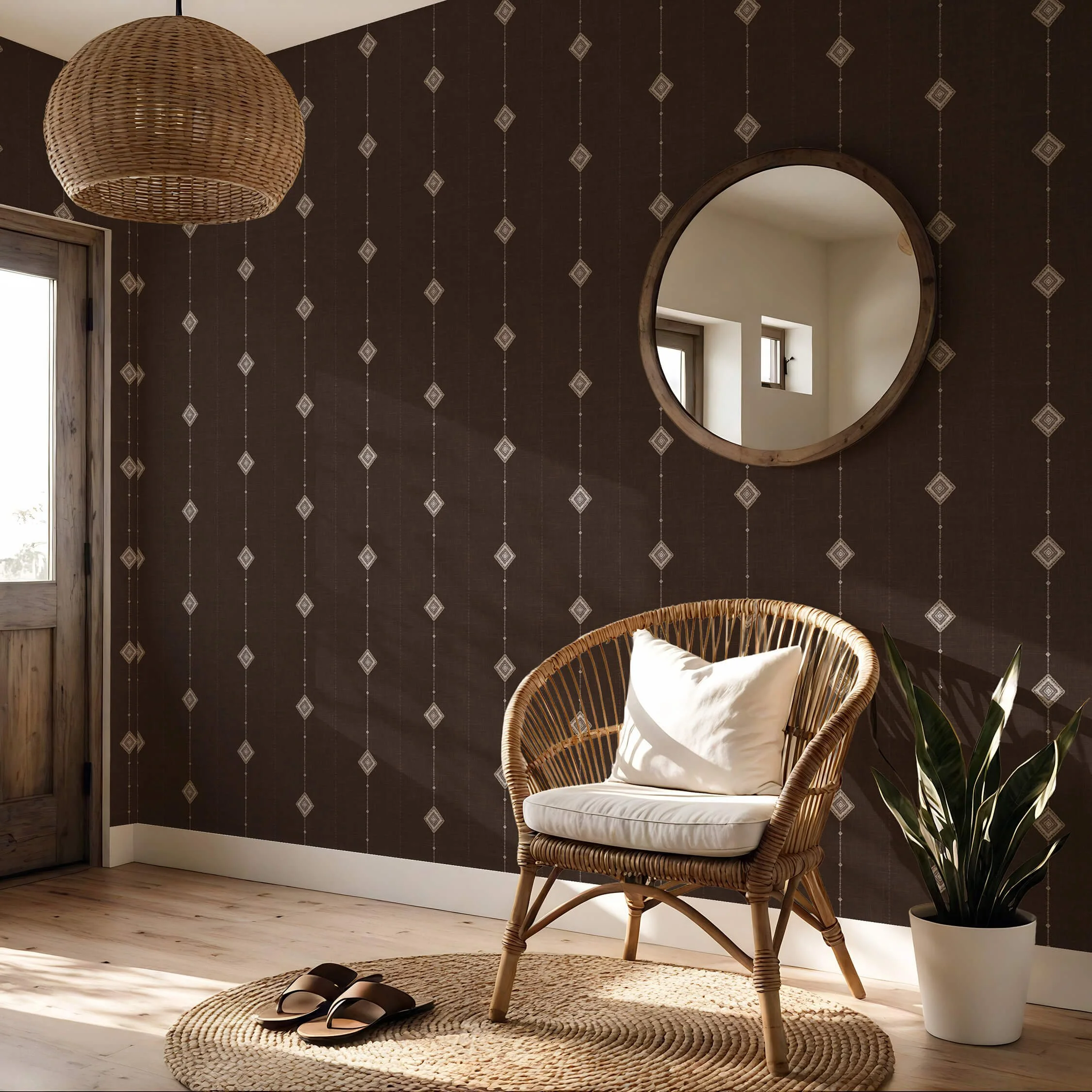 Wallpaper featuring a deep espresso brown geometric pattern with vertical diamond shapes in a casual entryway with a rattan chair, neutral cream cushion, round wood-framed mirror, woven pendant light, creating a warm boho mcm relaxed rustic space.