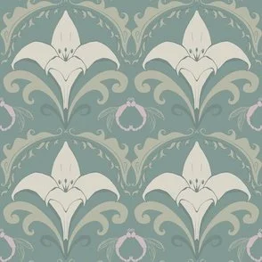 White lily and Dragonfly motifs on muted green teal with pops of pink art nouveau stylised