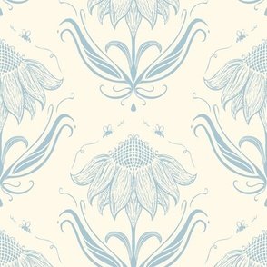 yellow cream and chambray blue sunflower with bees in a block print style design