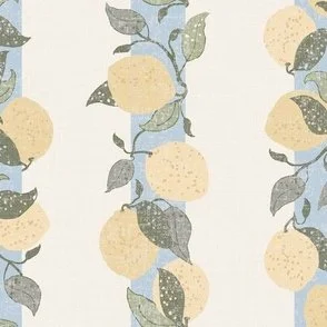 This pattern features hand-drawn lemons with leaves arranged in vertical stripes against a soft, textured background. The color palette includes muted yellows, greens, and soft blue, creating a calm and vintage-inspired vibe with a linen look.
