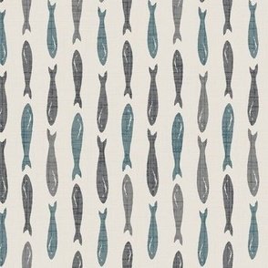 Small sardines fish in a vertical pattern in soft and dark blues on a soft creamy background in a mediterranean style wallpaper design