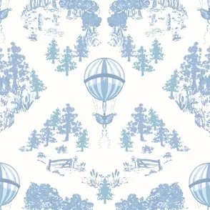 light blue and white vintage toile design with detailed parkland and hot air balloon sprinkling stardust