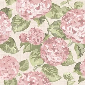 Large-scale hydrangea-style floral with full blooms and leaves fills the surface using soft rosy pinks, and olive greens on a butter cream linen ground that hints at a subtle linen texture; the look is dense, painterly, and calm