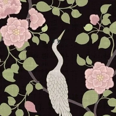 long neck white crane birds on dramatic black velvet with delicate pink florals and green leaves in a Victorian style design