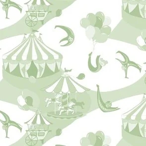 pastel soft sage green and white circus funhouse design with big top tent, carousel horses and acrobats in spotlights.