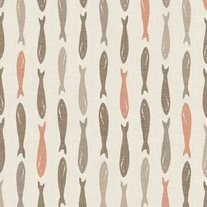 Small Sardines fish in a vertical pattern in soft and dark beiges on a soft creamy background in a mediterranean style wallpaper design
