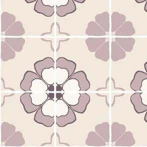 Pattern of vintage pink floral tile wallpaper in shades of beige, pink and white.