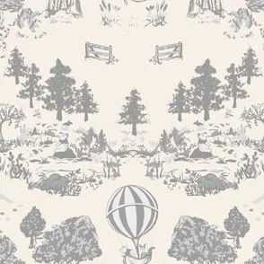 Peel and stick nursery wallpaper with Winnie the Pooh in Silver Grey with woodland toile scenes and hot air balloons on a creamy background,