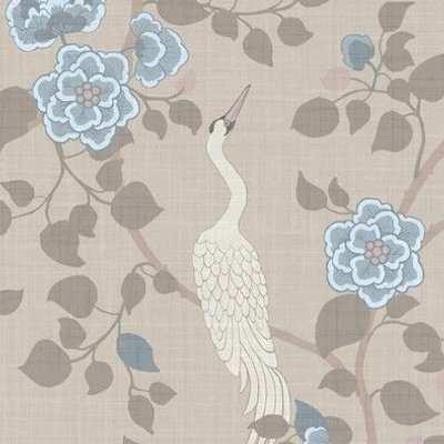 long neck white crane birds on soft pale beige beige with delicate blue florals and green leaves in a Victorian style design